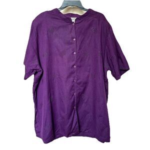 Silhouettes Linen Blend Tunic 3X Purple Short Sleeve Button Up Foliage